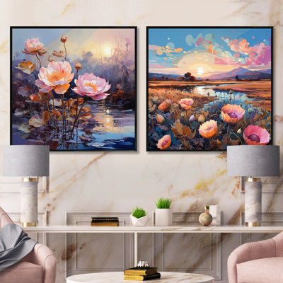 Thistle Flower Field Sunset - lot de 2 collages carrés