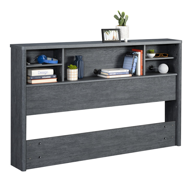 Tête de lit double / grande bibliothèque, finition denim + brun, solution de rangement élégante, compartiments multifonctionnels, compatible avec les lits doubles et grands, apparence grise contemporaine, tablettes réglables,