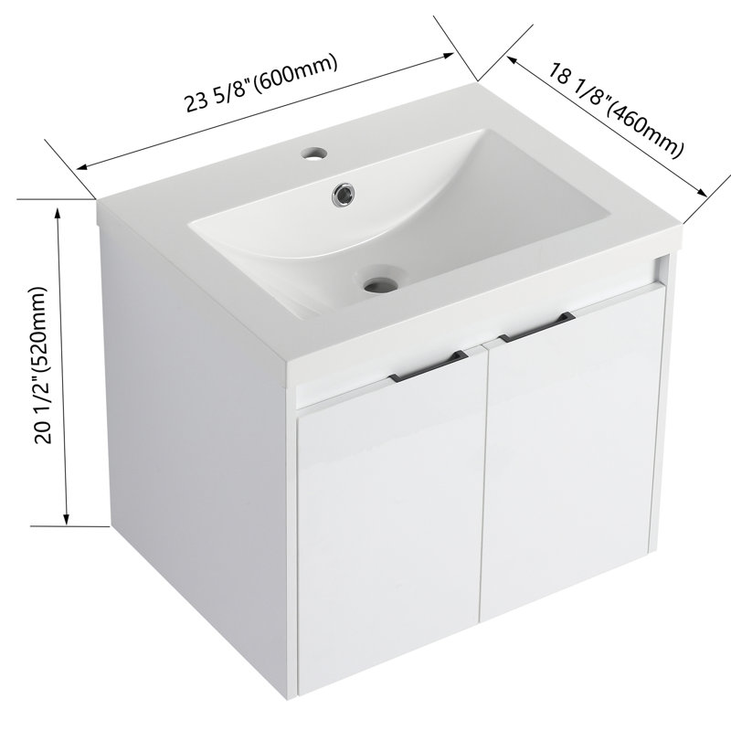 Meuble-lavabo de 24 po avec lavabo en résine, 2 portes à fermeture douce, fixation flottante, blanc brillant, charnières de fermeture murales élégantes, conception de fixation,