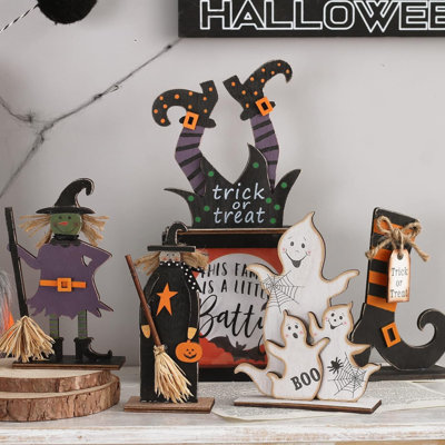 5PCS Halloween Witch/Ghost/Shoes Decoration for Indoor Home Table Decor | Halloween Wooden Tabletop Centerpiece Craft Decorations for Holiday Party Decor Supplies Kid's Gift