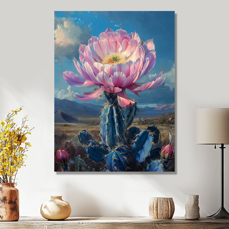 Rose rose, fleur bleue, cactus Grace IV - cactus floral, Métal métal, H 44 po x l 34 po x P 1,5 po