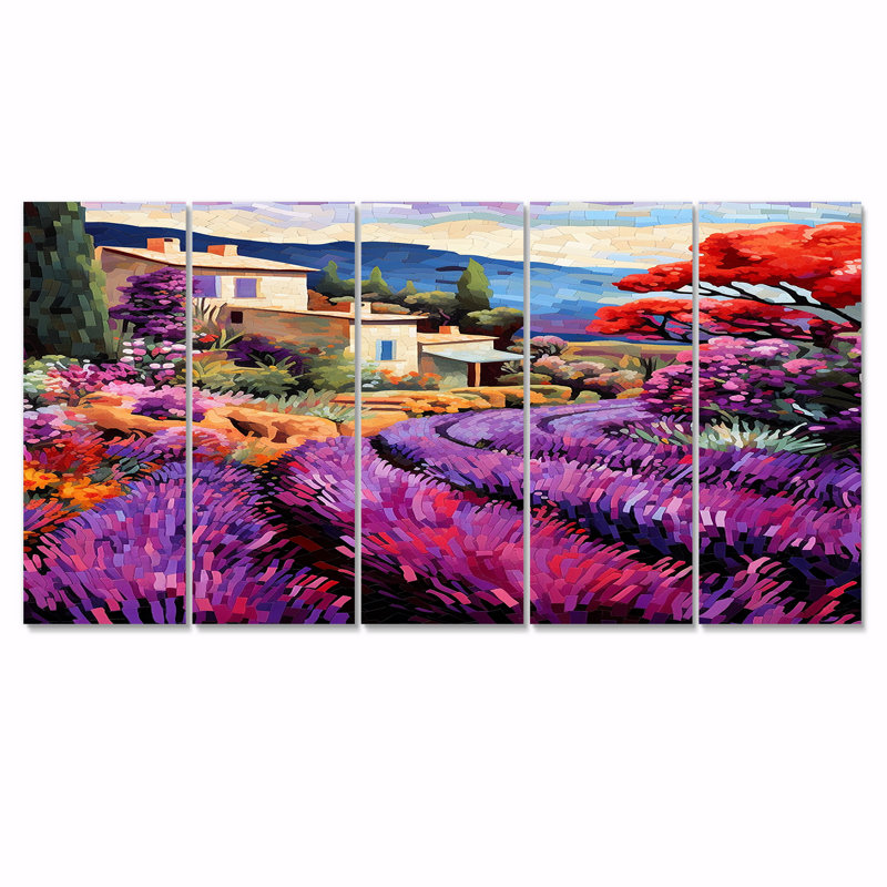 «White Cottage In Blossoming Lavender Fields - Lavender Fields», art mural 5 pièces, H 32 po x l 80 po
