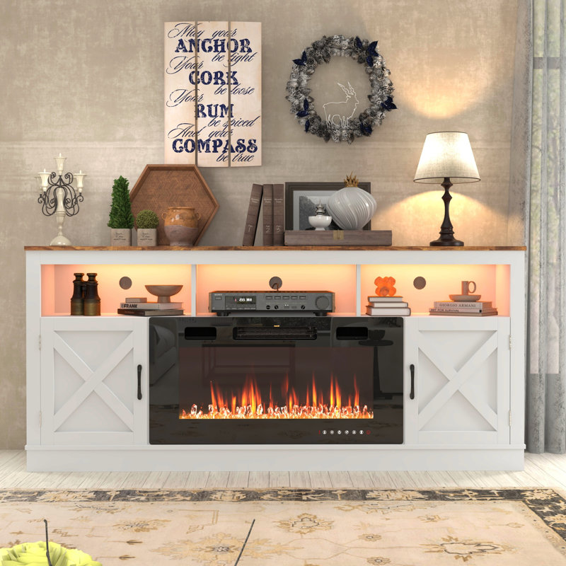 Zev Storage Credenza with Fireplace Included, White, 31.5" H x 70.8" W x 13.8" D