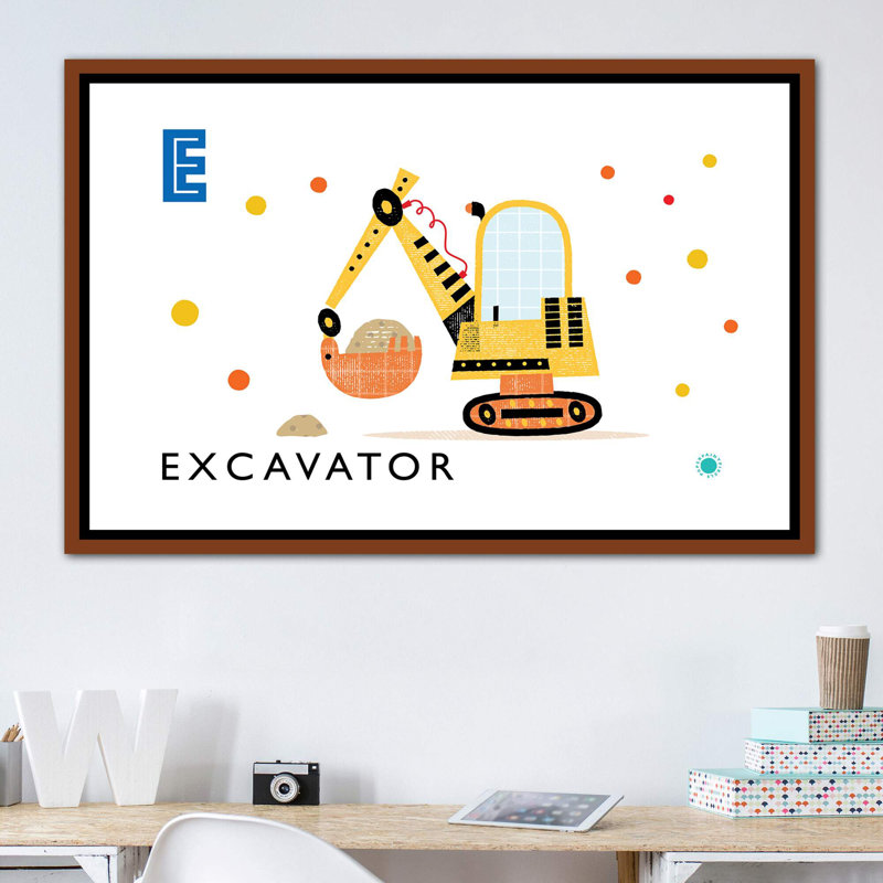 E Is for Excavator - impression d'art graphique, Toile avec cadre brun, H 40 po x l 60 po x 1,5 po, Pas de tapis