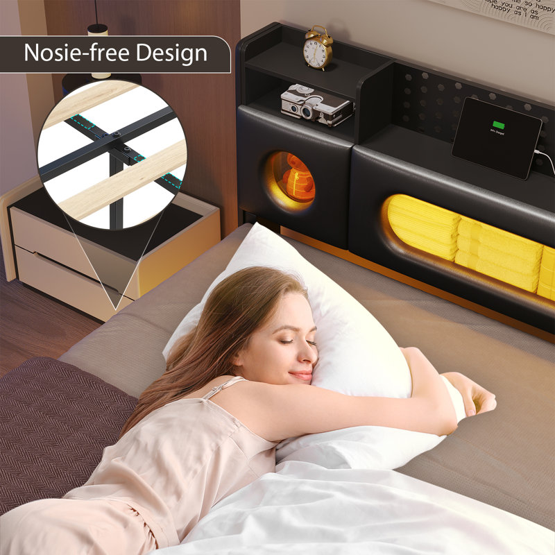 Floating Bed Frame Queen with Storage Headboard, Platform Bed Queen Size with Storage & LED Lights,Metal Floating Queen Bed Frame, No Box Spring Needed, Noise-Free, Easy Assembly, PU Black