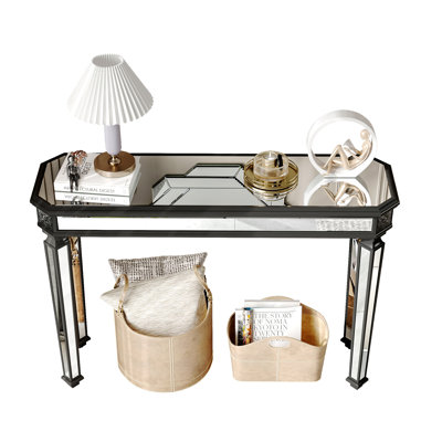 Console en miroir noir, finition bois sculpté vintage, magnifique et élégante, idéale pour une entrée, un canapé ou un salon (122 cm L x 82 cm H x 46 cm P)