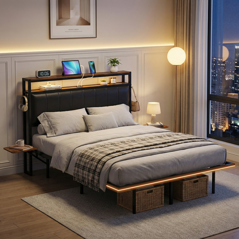 Aether Floating Double Bed Frame with Storage Headboard, Charging & LED Lights