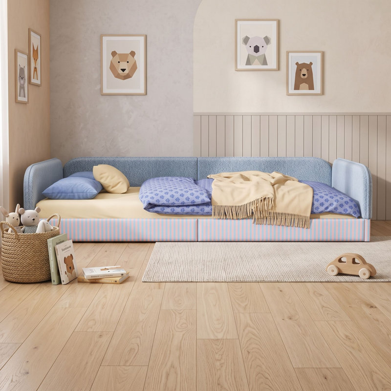 Lit de plancher rembourré avec lattes, Lit simple, Bleu