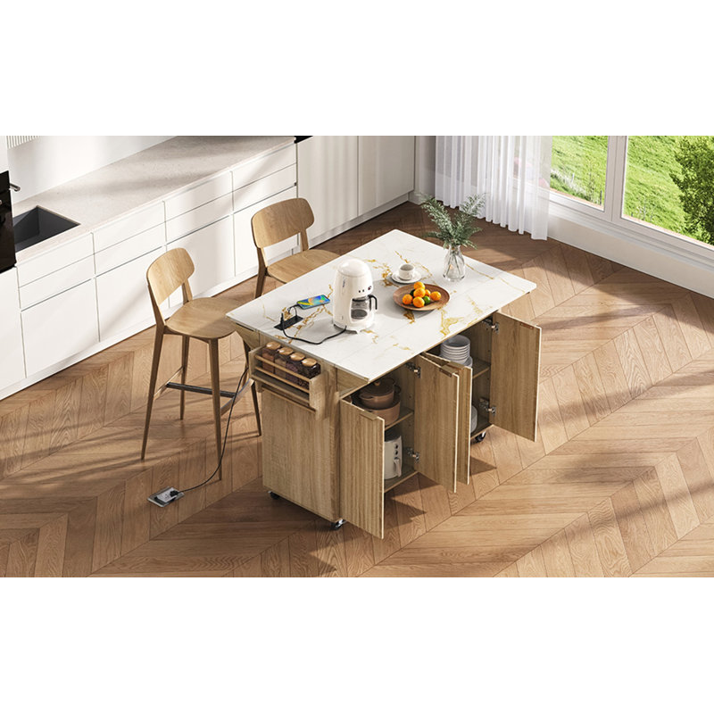 55.5" Fluted Kitchen Island with 2 Drop Leaf, Natural