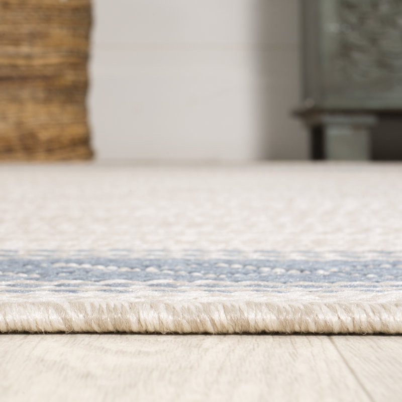 Clarktown Classic Diamond Border Cream/Blue Indoor/Outdoor Rug, Rectangle 7'10" x 10'