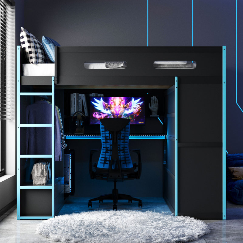 Lit mezzanine en bois pleine grandeur avec bureau, garde-robe, beaucoup de rangement et lumière RVB pour les joueurs et les multitâches
