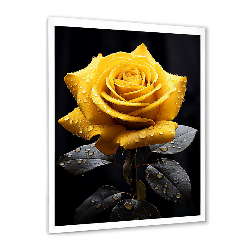Danail, jaune, noir, rose, élégance III - fleurs, art mural, H 20 po x l 12 po x P 1 po, Cadre simple blanc