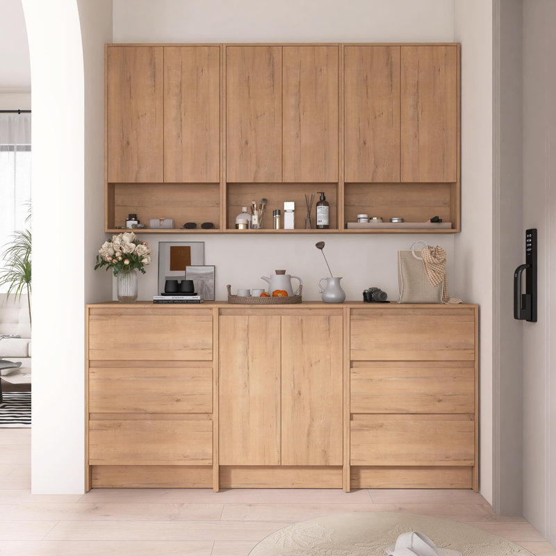 Armoire d'appoint 72 pouces en contreplaqué avec portes et tiroirs à fermeture en douceur, tablettes réglables