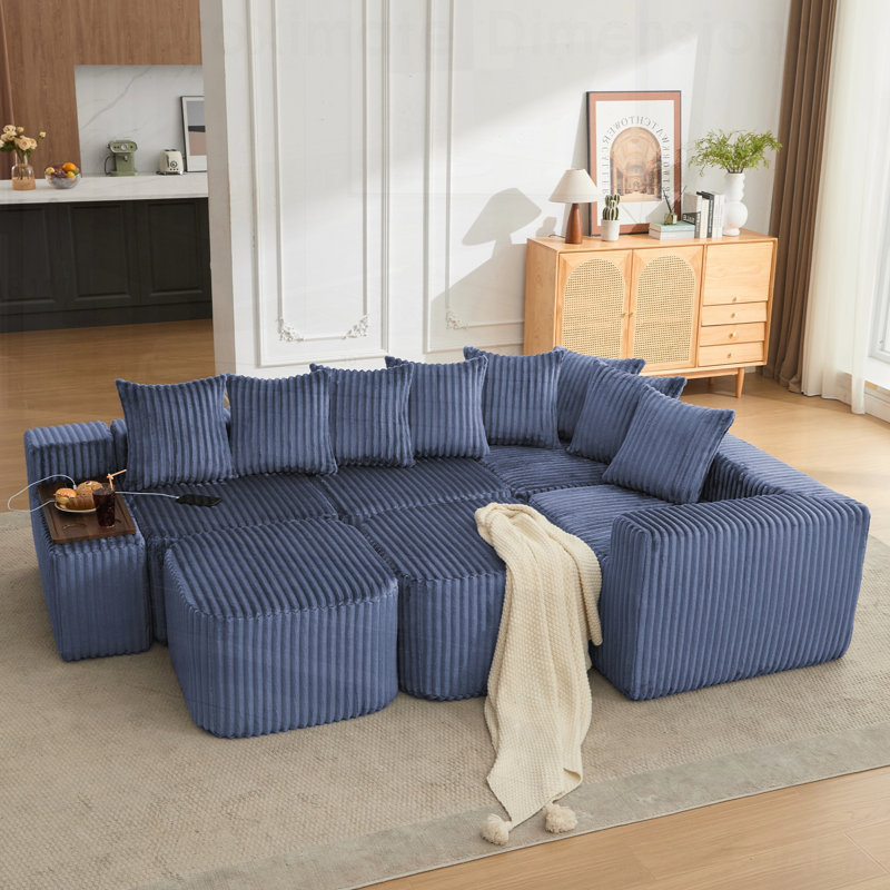 Canapé en forme de U avec charge USB et sans fil, table basse, porte-gobelet et repose-pieds mobile pour une assise confortable