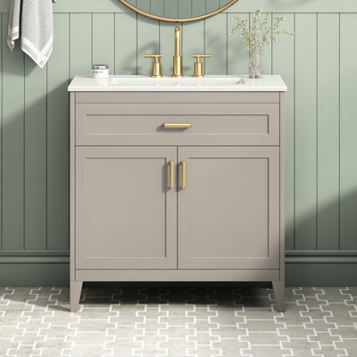 30" Bathroom Vanity with Ceramic Sink Top, Solid Wood Legs, Soft-Close Double Doors & Tip-Out Drawer, Adjustable Interior Shelf, Door-mounted Organizers