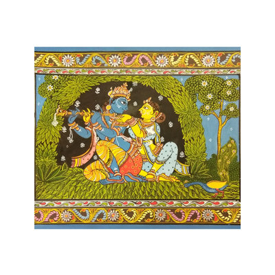 Krishna-Radha assis ensemble | Art sur soie | Par Sonam Mishra