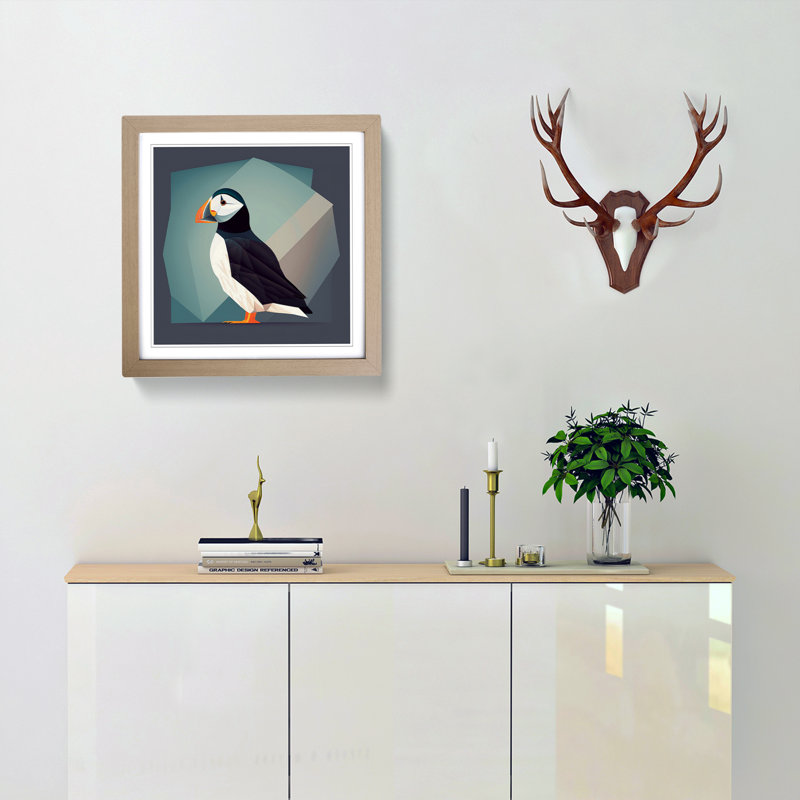 Puffin Minimalism - Single Picture Frame Print on Wood, Oak