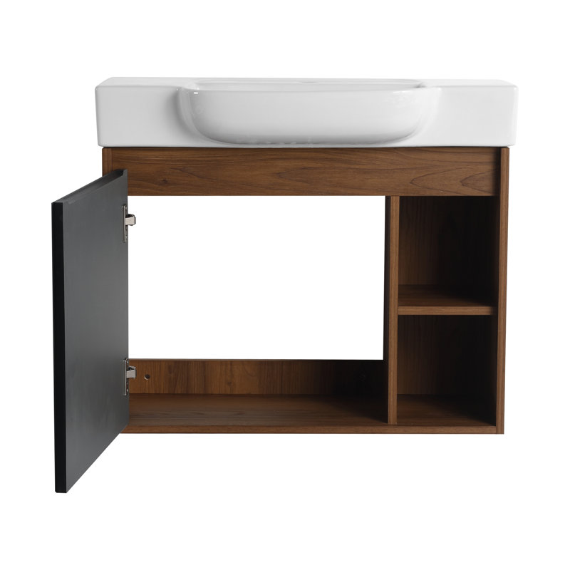 Meuble-lavabo mural de 28 pouces avec lavabo en céramique, armoire à porte simple compacte et tablette ouverte, 28"