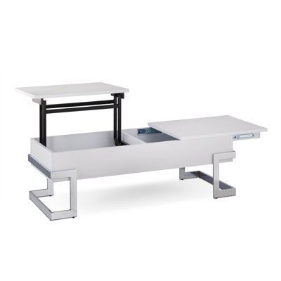 Table basse blanche brillante et chromée avec plateau relevable