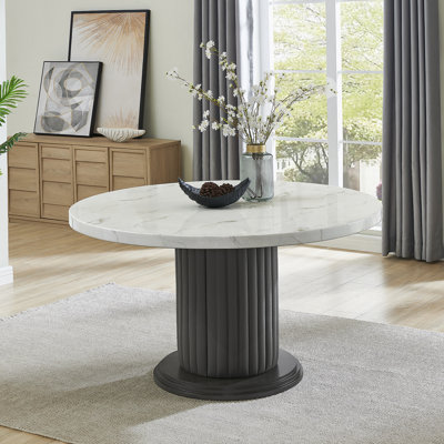 Table de salle à manger 54 pouces ronde en faux marbre blanc avec piédestal en PVC gris et base en bois - 6 places