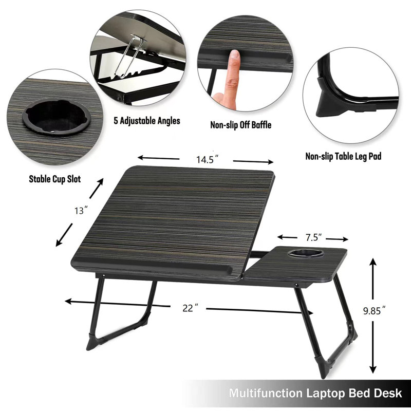 Bureau d'ordinateur portable pour canapé-lit, bureau pour ordinateur portable, support d'ordinateur portable pour bureau, petit bureau d'ordinateur portable réglable, avec porte-gobelet