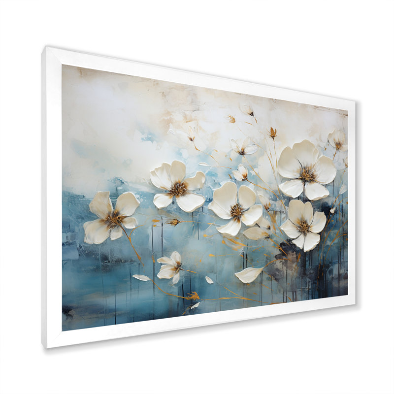 Collage saisonnier bleu et blanc sur toile, H 16 po x l 32 po x P 1 po, Cadre simple blanc
