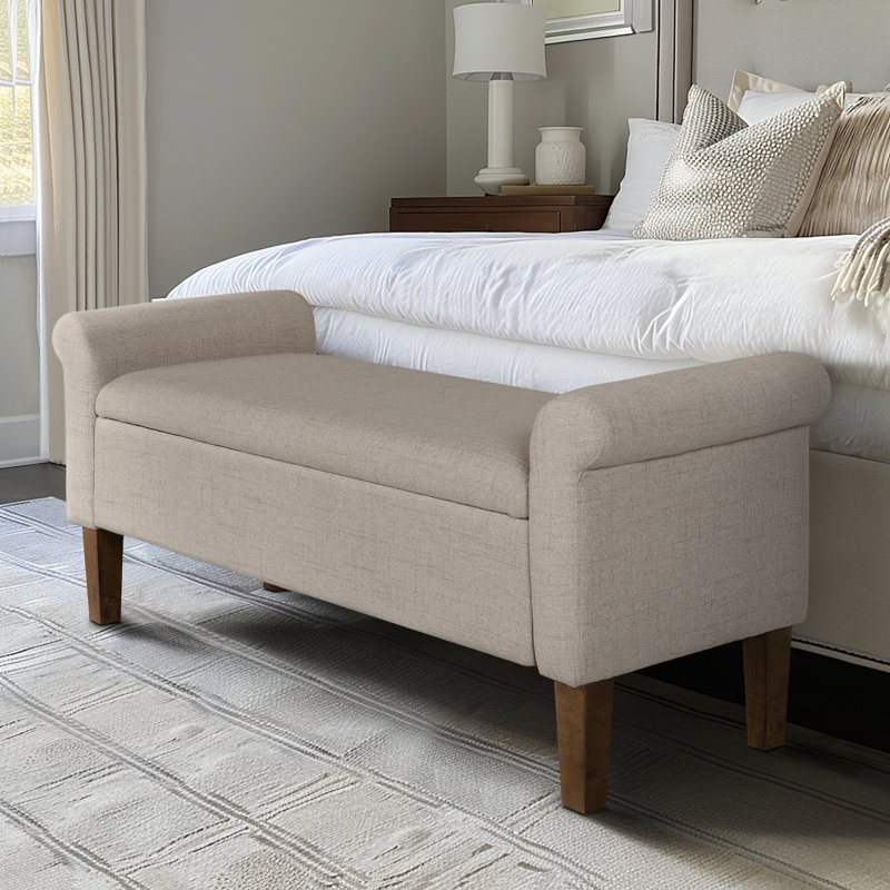 Cream Upholstered Storage Bench with Rolled Armrests