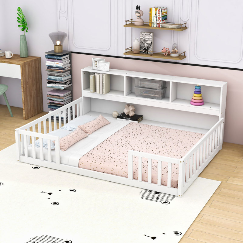 Floor bed with side bookcase and shelves, Double, Blanc