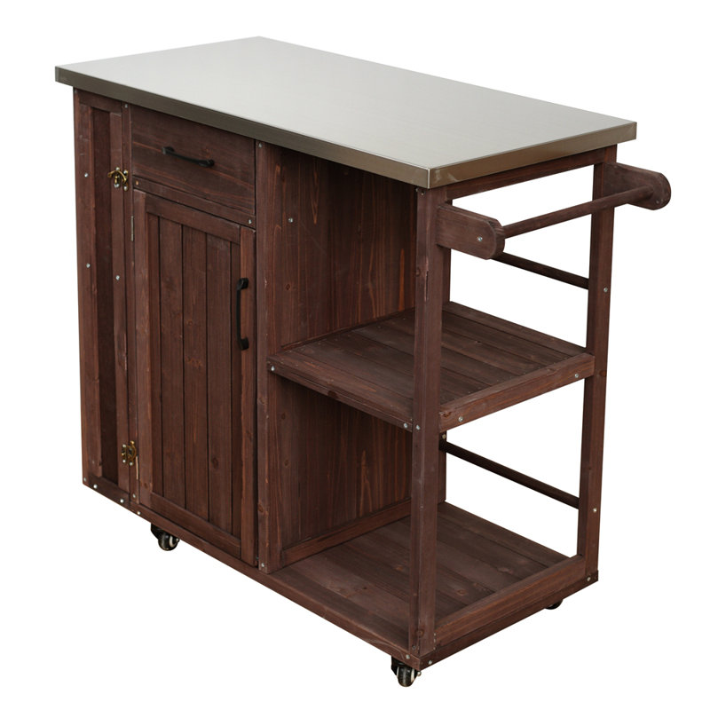 Outdoor Kitchen Island Fir Wood Prep Station Lockable Kitchen Cart with Stainless Top, Ample Storage Space, Towel and Spice Racks for Patio and Outdoor