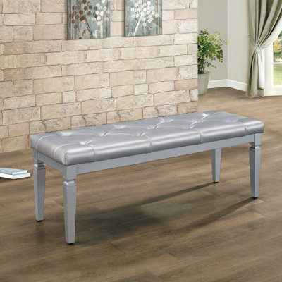 1-Piece Modern Glam Bench - Silver Finish, Faux Leather Upholstered Foam Padded Tufted Seat