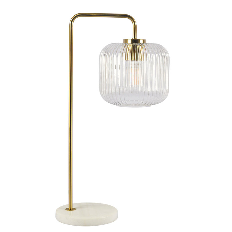 Lampe de table Haven en verre transparent, métal brossé doré et base en marbre, bouton de contrôle