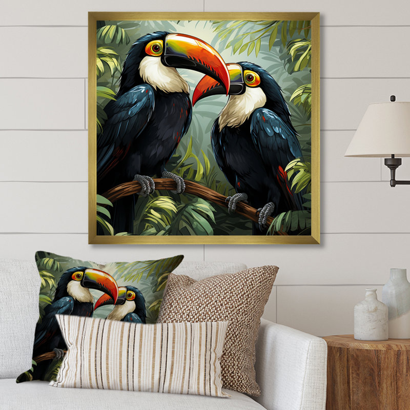 Toucans verts verts - art mural oiseau, Cadre doré simple, H 16 po x l 16 po