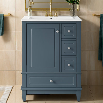 24" Bathroom Vanity With Sink And 3 Drawers, Freestanding Vanity Cabinet With Ceramic Top And Storage Shelves, Modern Sink Cabinet For Small Bathrooms