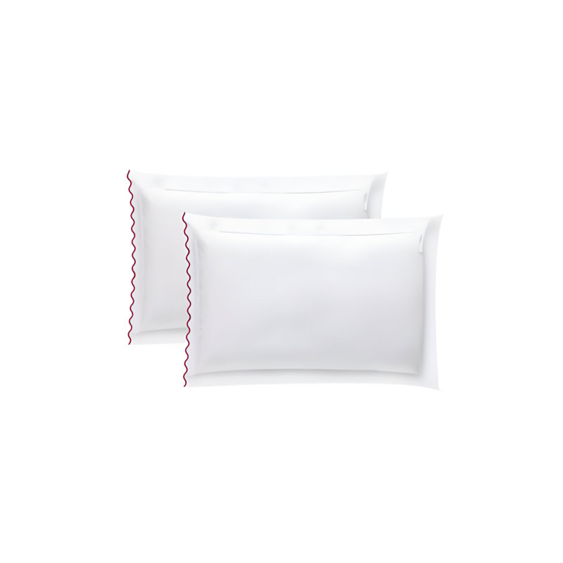400TC Small Scallop Embroidery Cotton Pillowcases (Set Of 2), White/Burgundy