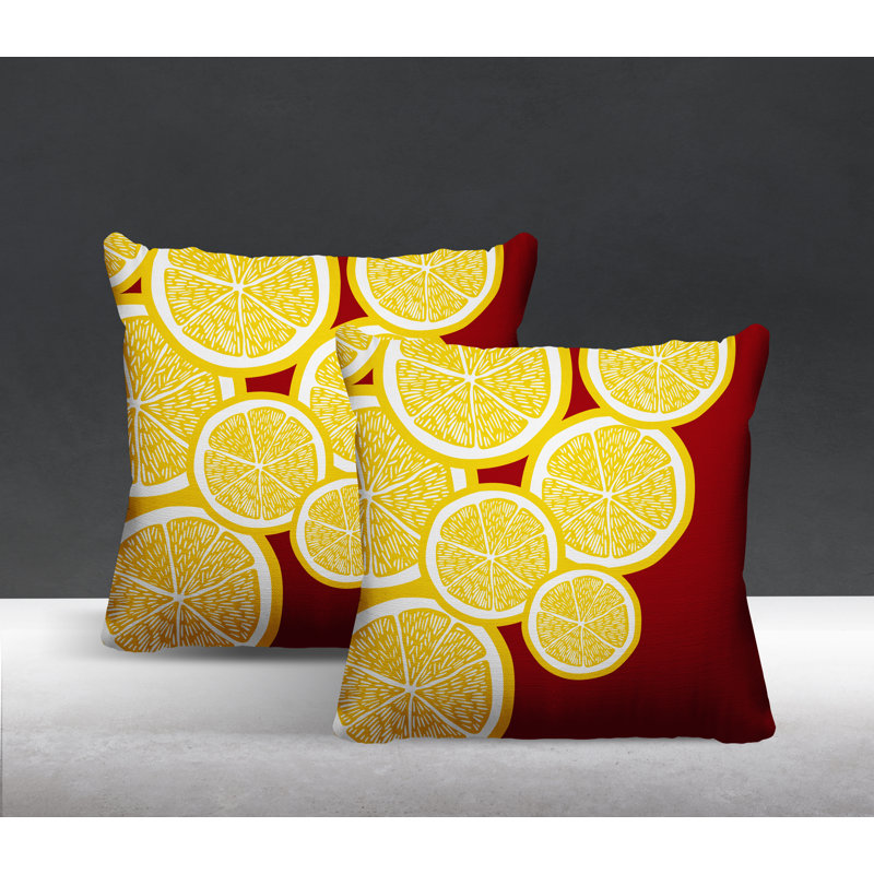 Oreiller carré intérieur / extérieur jaune Lulu, L 19 po x H 19 po, Jaune / rouge