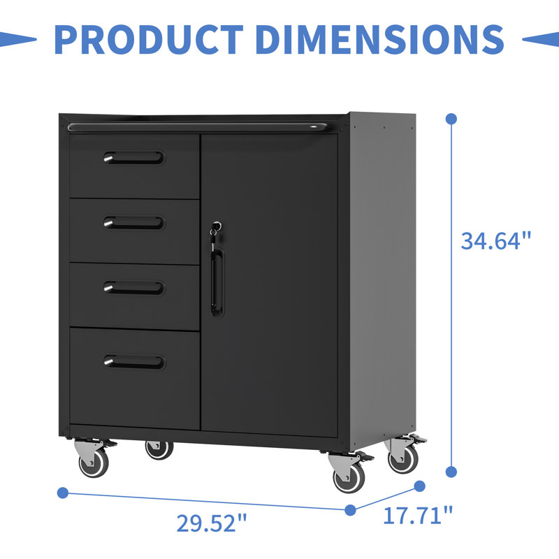 Heavy-Duty Mobile Tool Cabinet with 4 Drawers & Lockable Door, Full-Extension Ball Bearing Slide Rolling Garage Storage
