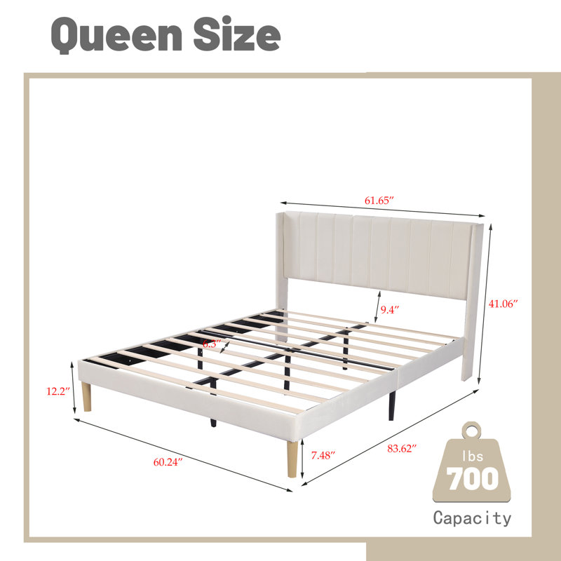 Beige Velvet Queen Upholstered Platform Bed with Tufted Headboard