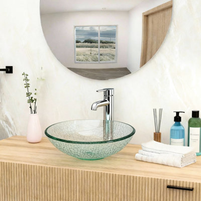 Artistic Clear Tempered Glass Bathroom Vessel Sink, Pop - Up Drain, Unique Ice Crackle Design, Easy To Maintain, Suitable For Restroom Sink Made Of Glass, Texture, Comfortable Washing, And Dressing