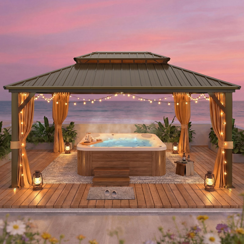 16x12 Ft Hardtop Gazebo – Aluminum Frame, Double Steel Roof, All-Weather Permanent Pavilion with Curtains & Netting