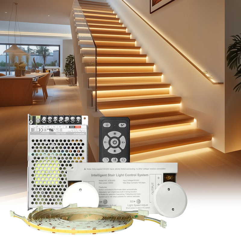 LED Smart Motion-Activated Stair Light with Remote Controlled Motion LED Step Light LED, Stair Lighting Adjustable Brightness Light Speed Steps Number(12Steps,3000k)