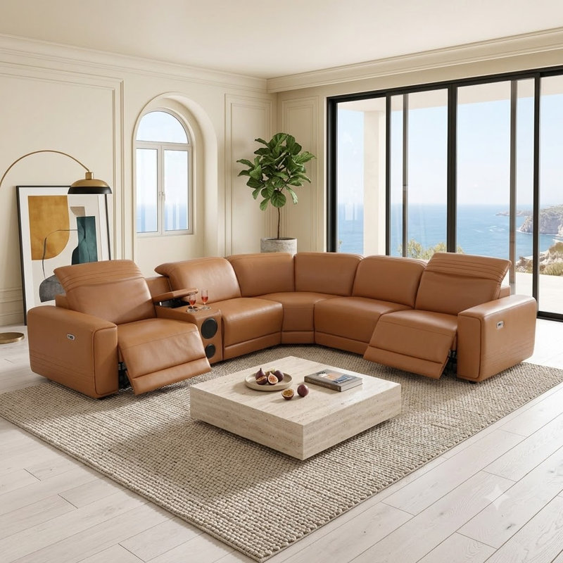 Canapé modulaire inclinable électrique en cuir 6 pièces de 113 po avec appuis-tête réglables, console de rangement, éclairage DEL et haut-parleurs Bluetooth
