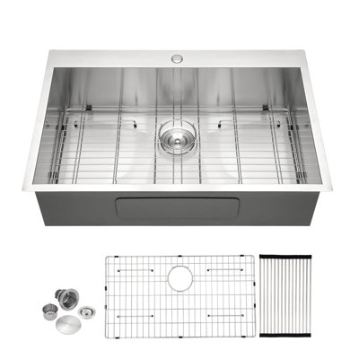 33" L x 22" W Drop-In Single Bowl Stainless Steel Kitchen Sink with Basket Strainer and Sink Grid