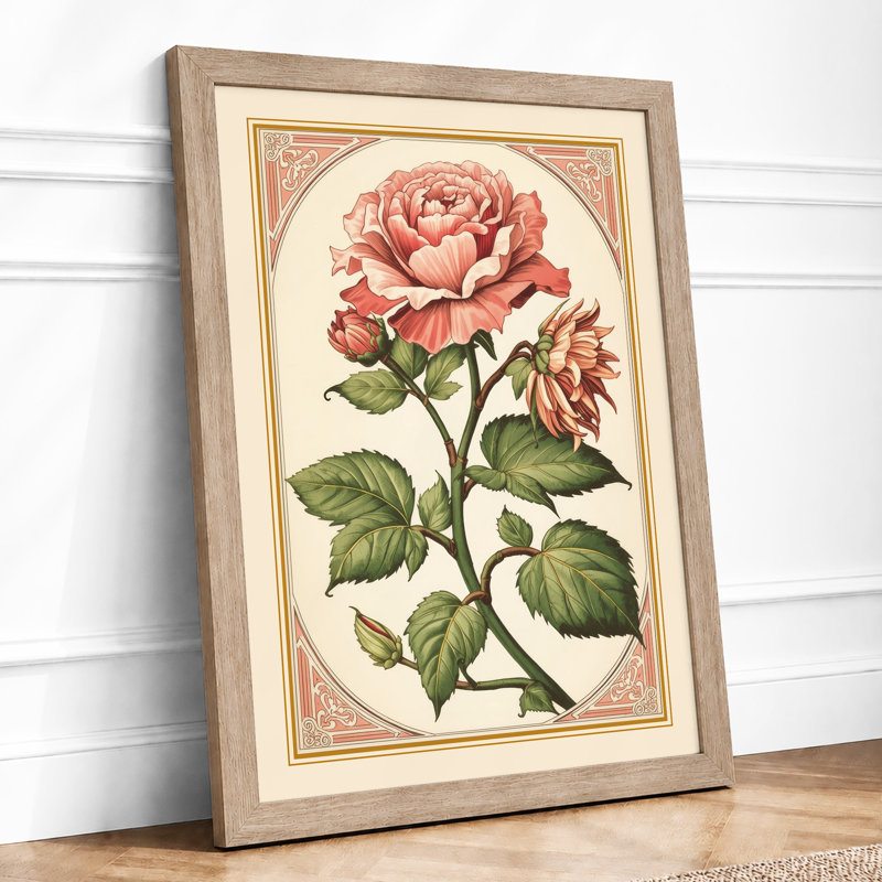 Roses in Gold Botanical - Framed Print, A4 - 29.7 x 21.0 cm, Oak