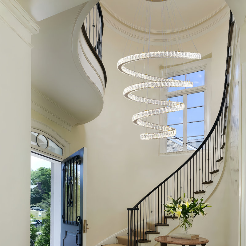 Modern Ring Crystal Chandelier Dimming Spiral Crystal LED Chandelier, Modern 4-Tier Ring Pendant Light for High Ceiling Staircases