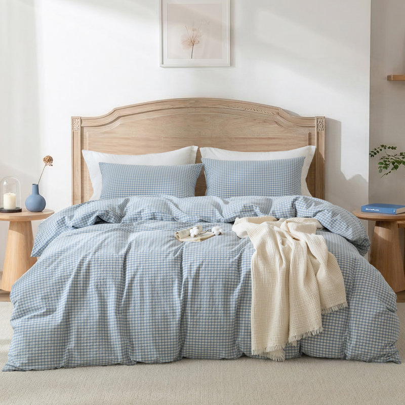 Housse de couette en coton avec motif à carreaux rayé classique - doux, respirant, léger, confort naturellement froissé