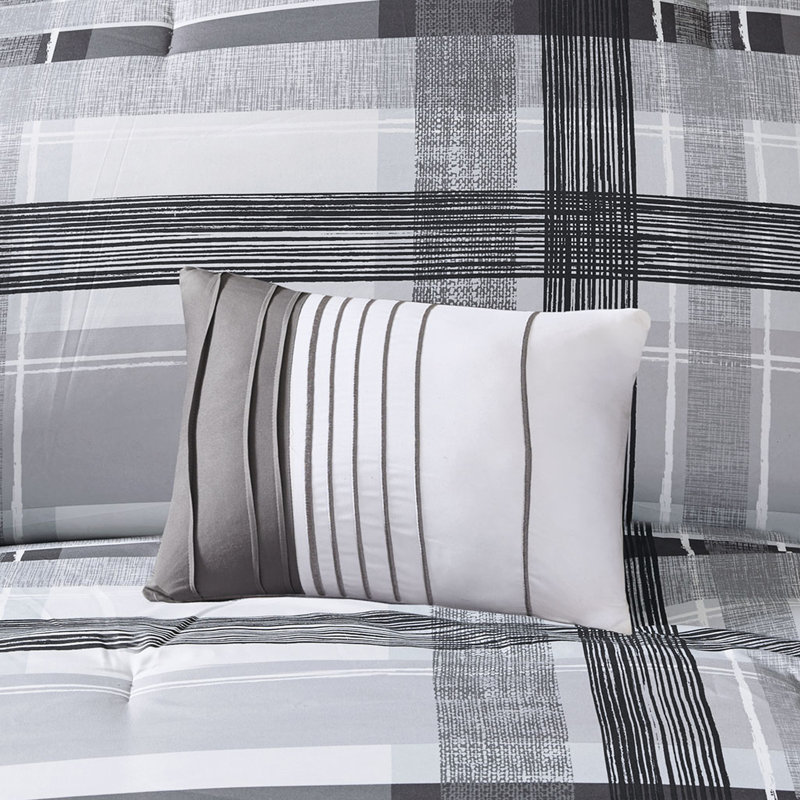 Édredon double / grand à carreaux - Literie élégante pour la chambre à coucher en noir et gris, édredon, 2 taies décoratives, couette lavable et facile à nettoyer