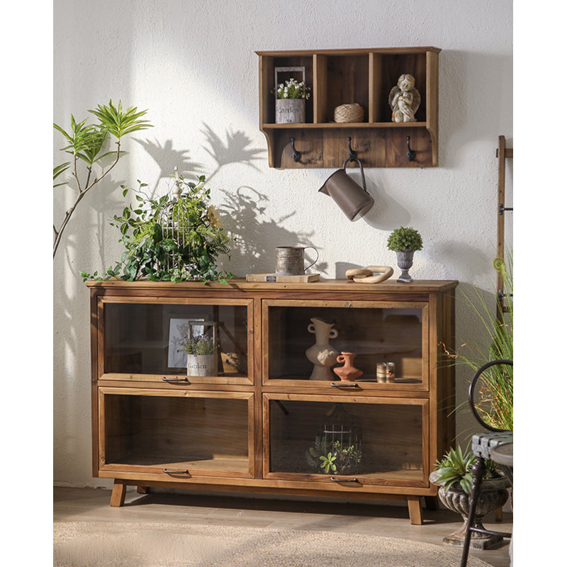 Buffet en bois massif et verre trempé de style Wabi-sabi