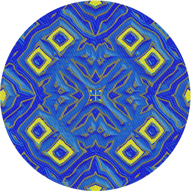 Tapis bleu/jaune à motifs, Rond 7 pi