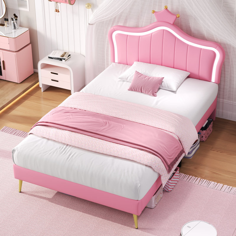 Upholstered Bed With Led Adjustable Crown Shape Headboard, Single (3'), Pink