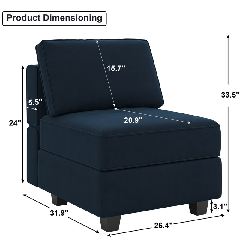 Fauteuil rembourré de 26,4 po de largeur avec dossier rembourré Nakash, Velours bleu